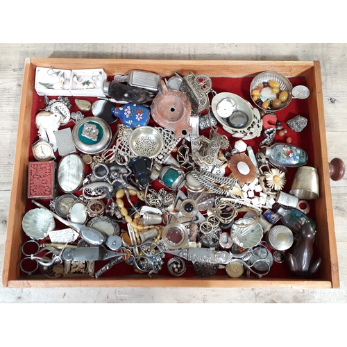 220 - A tray of bric a brac including costume jewellery, snuff bottles, watches, candle snuffers, white me... 