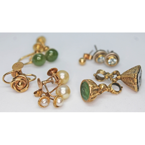 132 - Three pairs of 9ct gold earrings, two pairs set with pearls, various marks, gross wt. 4g, together w... 