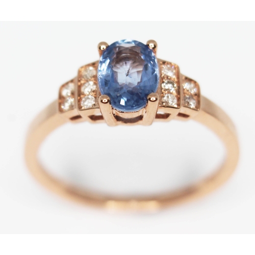 146 - A 14ct gold sapphire and diamond ring featuring an oval cut natural sapphire approx. 1.10ct, band ma... 