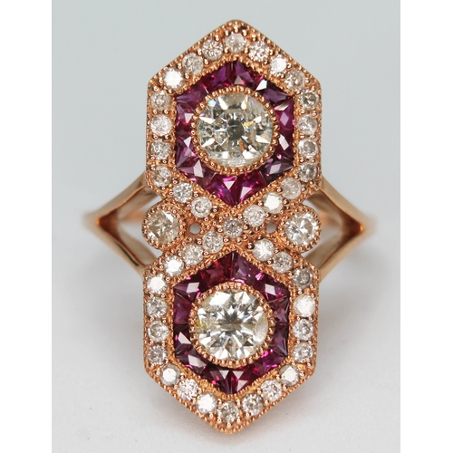 155 - An Art Deco style 14ct gold diamond and ruby cluster ring, total approx. diamond wt. 1.17ct, marked ... 