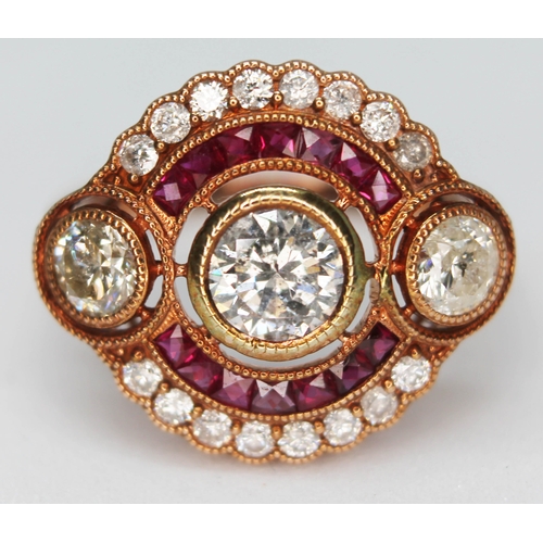 157 - An Art Deco style 14ct gold diamond and ruby cluster ring, total approx. diamond wt. 1.02ct, band ma... 