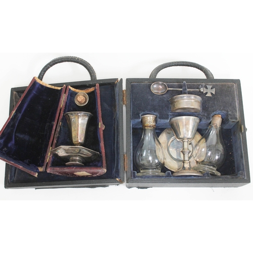 224 - A silver travel communion set by Mobray & Co London 1944, and another in conical box by George Unite... 