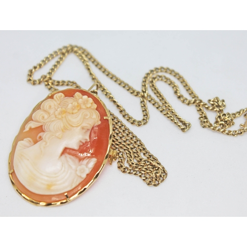 249 - A gold mounted cameo pendant brooch, indistinctly marks, on hallmarked 9ct gold chain, gross wt. 12.... 