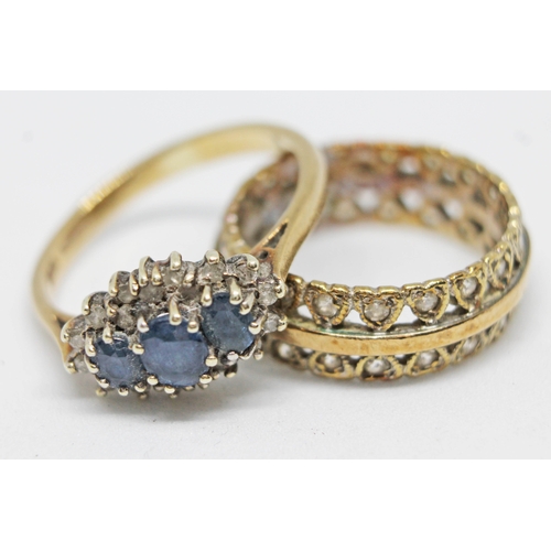 281 - A 9ct gold cluster ring and an eternity ring marked '9ct', gross wt. 7g, size Q & N respectively.