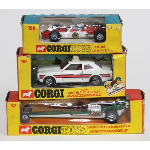 348 - Corgi Whizzwheels 162 Quartermaster Dragster and 402 Ford Cortina Police Car together with 158 Lotus... 