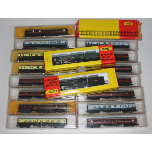 364 - Hornby Minitrix N-Gauge boxed models to include N. 203 & N. 205 locos with tenders, fifteen boxed ca... 