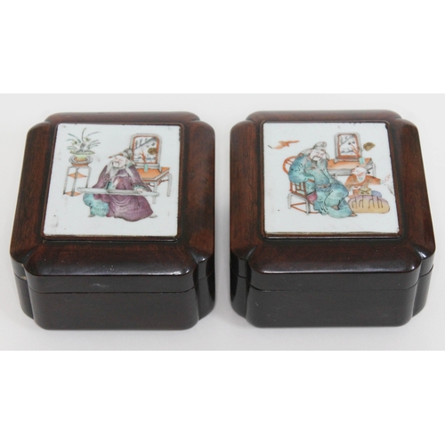 403 - A pair of Chinese porcelain hardwood boxes, each top inset with porcelain panel, width 13cm, depth 1... 