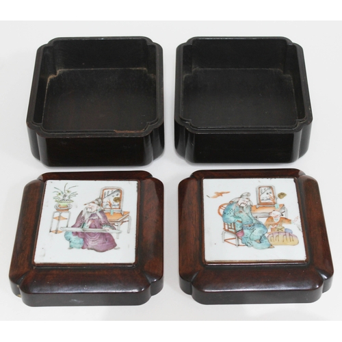 403 - A pair of Chinese porcelain hardwood boxes, each top inset with porcelain panel, width 13cm, depth 1... 