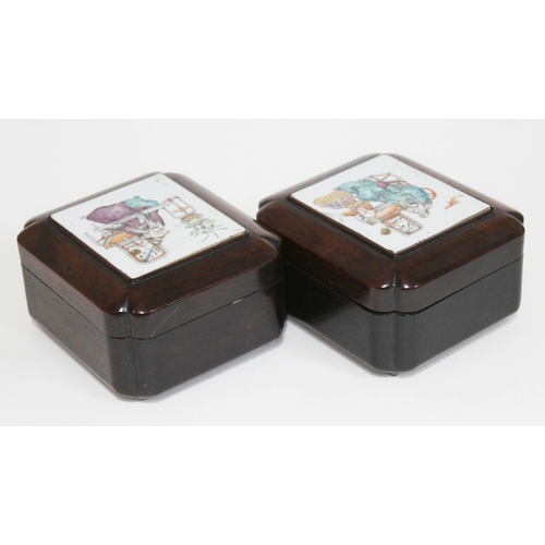 403 - A pair of Chinese porcelain hardwood boxes, each top inset with porcelain panel, width 13cm, depth 1... 