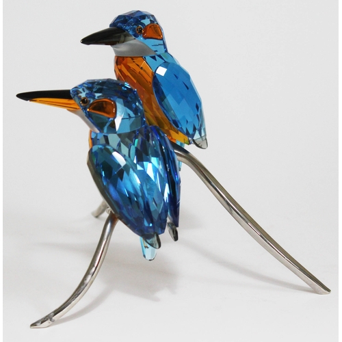 440 - A Swarovski Paradise Birds pair of kingfishers on metal stand, height 15.5cm.