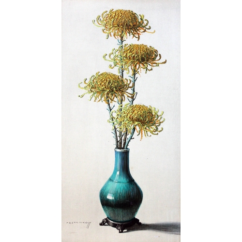 475 - After Vladimir Tretchikoff (1913-2006), chrysanthemums still life, retro print, 43cm x 90cm, framed.