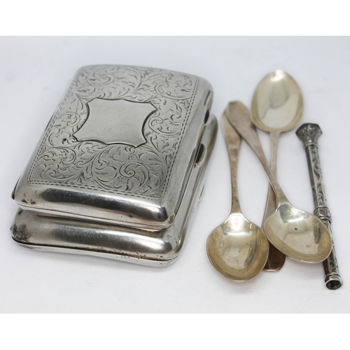 489 - A mixed lot of hallmarked silver comprising two cigarette cases and three spoons, together with a wh... 