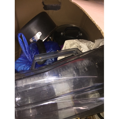 123 - A box of kitchenware, to include pans, chopping machine, etc.