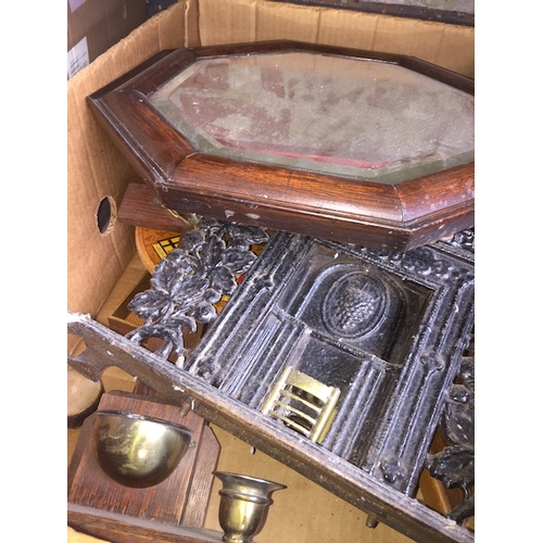 124 - A box of misc religious items to include 2 crucifixes, plaques, mirror, cast iron mini fire, etc.