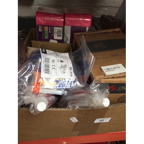 85 - A box of assorted items including sealants, head set stands and a box of glasses