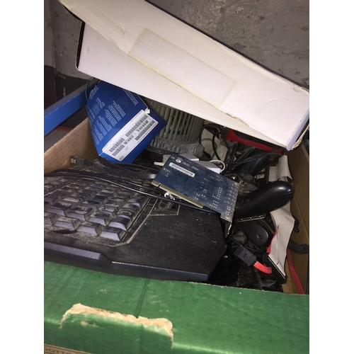 173 - A box of electrical items to include keyboards, PC fans to include Intel E97378-001 socket, a GA-Z87... 