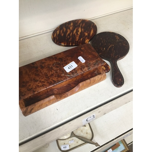 431 - A burr wood pen tray and a pair of imitation tortoiseshell  mirrors