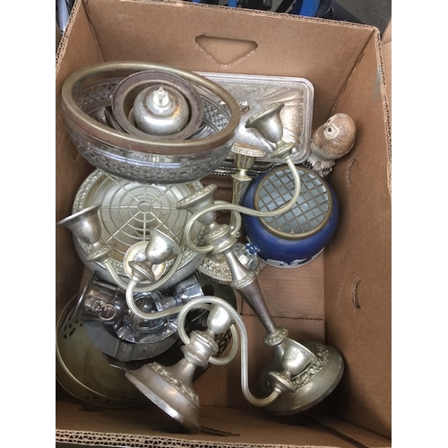 89 - A box of silver plated items to include candle holders, ashtrays, bon bon dishes, a Jasperware posy ... 