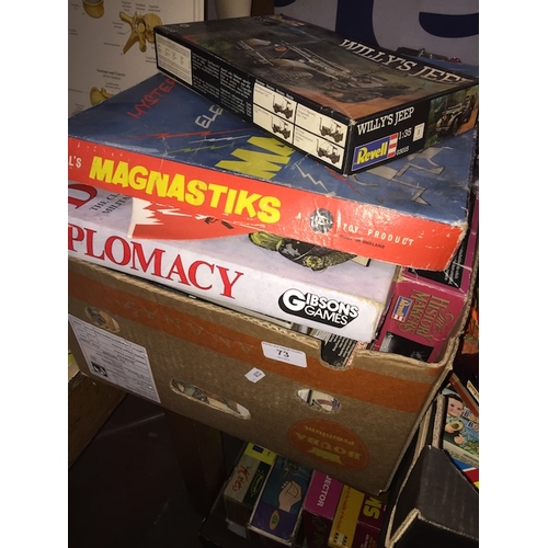 73 - A box of boxed games and toys to include Magnasticks, Diplomacy, Revell, Dragon, Matchbox, etc.