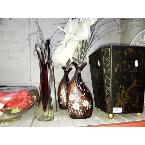 84 - A mixed lot including metal waste bin, four vases, and a glass bowl with artificial flowers