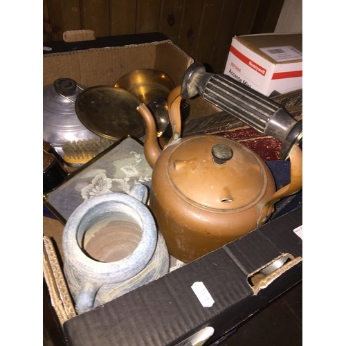 101 - A box of collectables, including copper kettle, Dollond binoculars, Dominoes, etc.