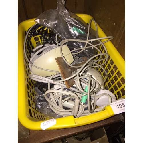 105 - A box of computer cables, mice, etc.