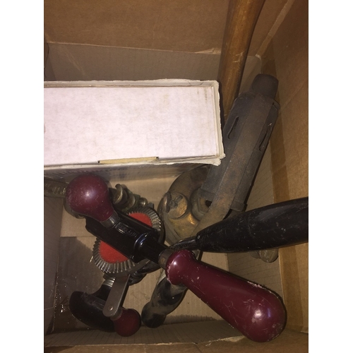 186 - Small box of tools including hand drill etc