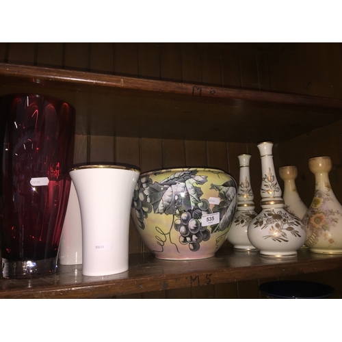 535 - A red glass vase, a pair of Carlton ware vases, a pair of Wedgwood vases, another pair of vases and ... 