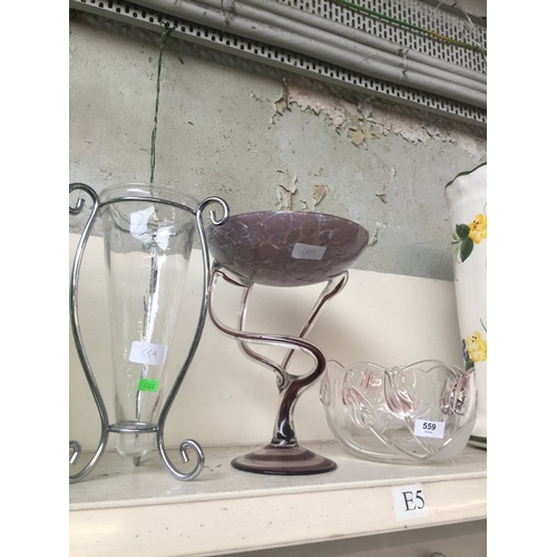 559 - Two glass vases and a glass tazza