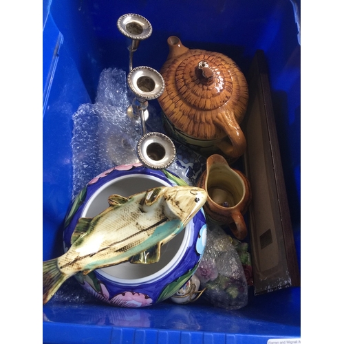 601 - A box of misc pottery, ornaments, EPNS candle holder, ashtray, clay pipe, coins collection etc.