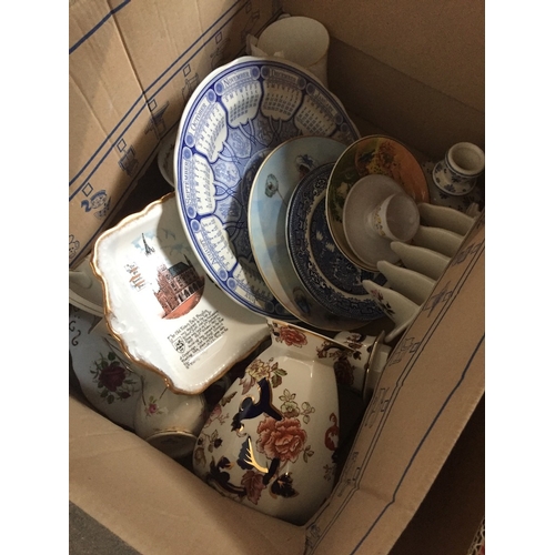 610 - A box of mugs, plates etc including Masons Mandalay jug