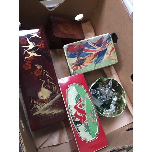 613 - A box of vintage tins and boxes, and a tin of glass droplets