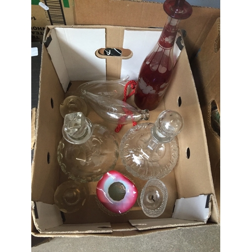 616 - A box of antique glassware, matchstrikers, decanters, etc.