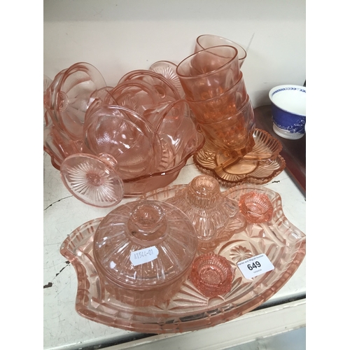 649 - Pink glass dressing table set and various pieces of pink glass dessert set etc