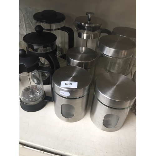 660 - 4 glass cafetieres and 5 matching stainless steel storage jars