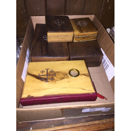 88 - 5 olive wood boxes including Bible