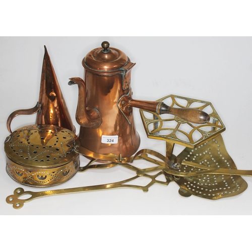 324 - A mixed lot of antique brass and copper items comprising a copper chocolate pot, copper scoop, brass... 