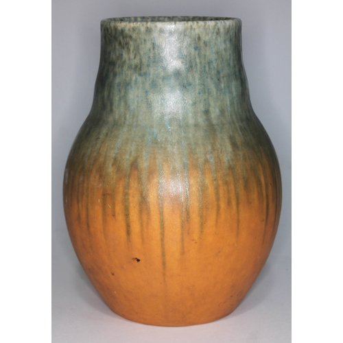 327 - A Ruskin pottery vase with green and orange mottled and crystalline glaze, with impressed mark, date... 