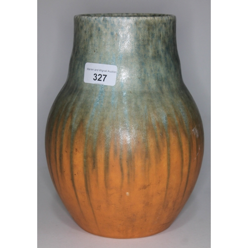 327 - A Ruskin pottery vase with green and orange mottled and crystalline glaze, with impressed mark, date... 