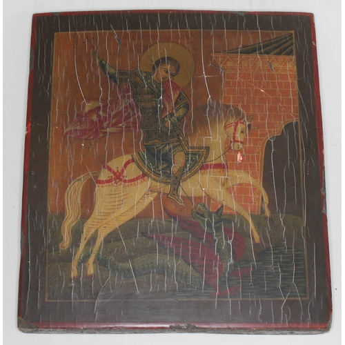 329 - A Russian orthodox icon, polychrome decoration depicting St George & the Dragon, on wooden panel, 19... 