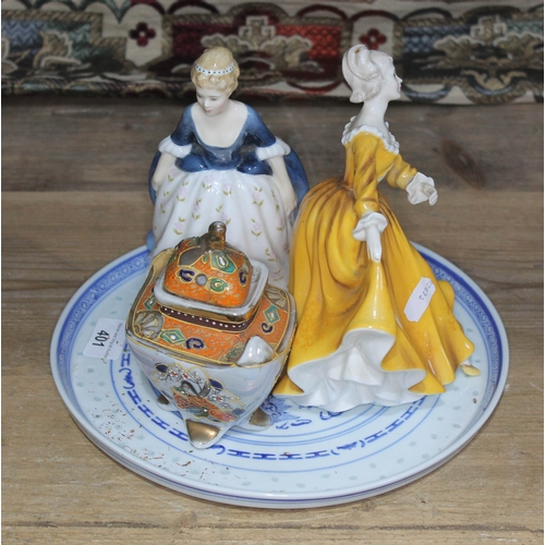 401 - A mixed lot comprising two Royal Doulton figures, a Chinese dish and a Japanese potpourri.