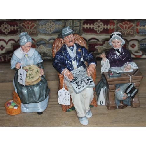 410 - A group of three Royal Doulton figurines - Embroidering HN 2855, Schoolmarm HN 2223, and Taking Thin... 