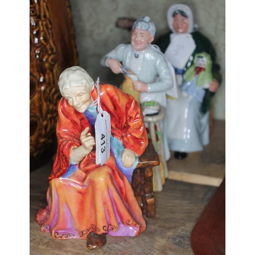 413 - A group of three figures - Royal Doulton A Penny's Worth HN2408, and The Rag Doll Seller HN 2944;  a... 