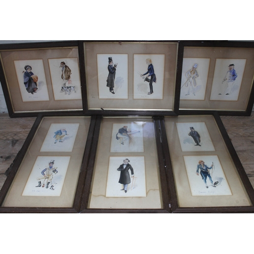 448 - A set of twelve framed watercolours depicting Dickensian characters, approx. 14cm x 22cm each, glaze... 