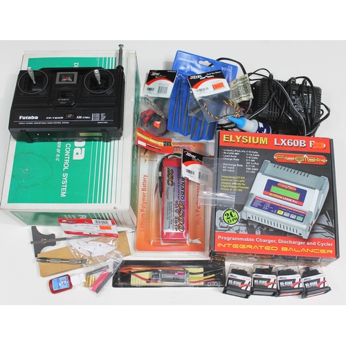 125 - RC model accessories including a Futabo FP-T2MR controller, an Elysium LX60B Pro charger, a fullymax... 