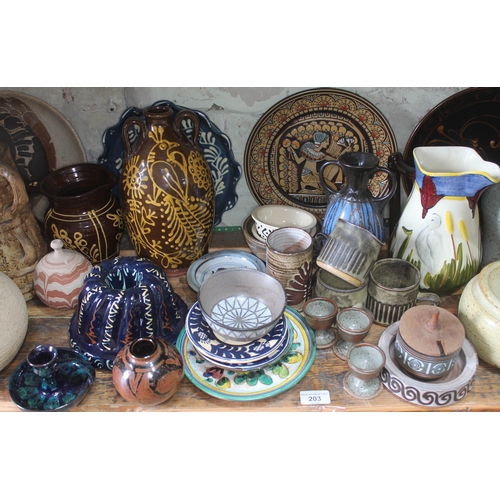 203 - A shelf of mainly studio pottery, various potters and studios, approx. 50 pieces.