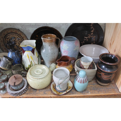 203 - A shelf of mainly studio pottery, various potters and studios, approx. 50 pieces.