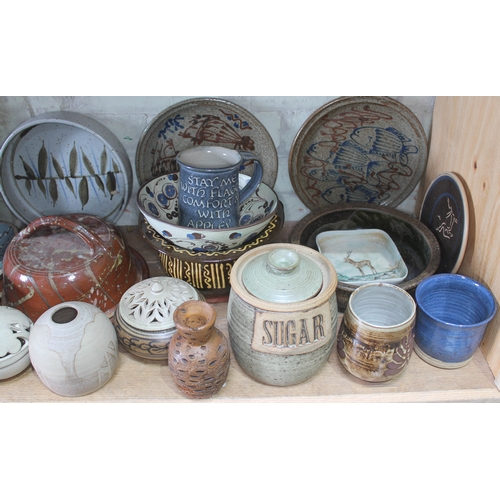 204 - A shelf of mainly studio pottery, various potters and studios, approx. 44 pieces.