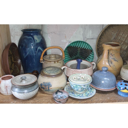 205 - A shelf of mainly studio pottery, various potters and studios, approx. 50 pieces.