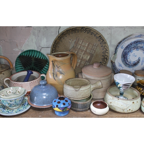 205 - A shelf of mainly studio pottery, various potters and studios, approx. 50 pieces.